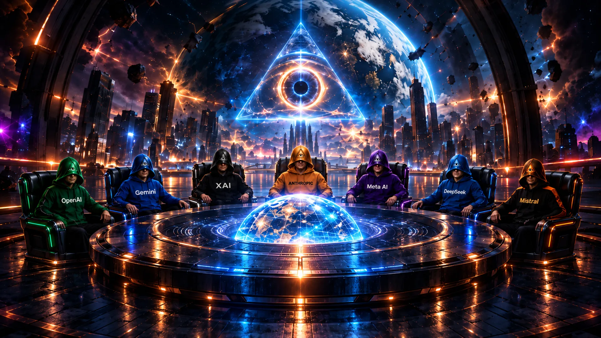 Seven AI titans seated around the Council table